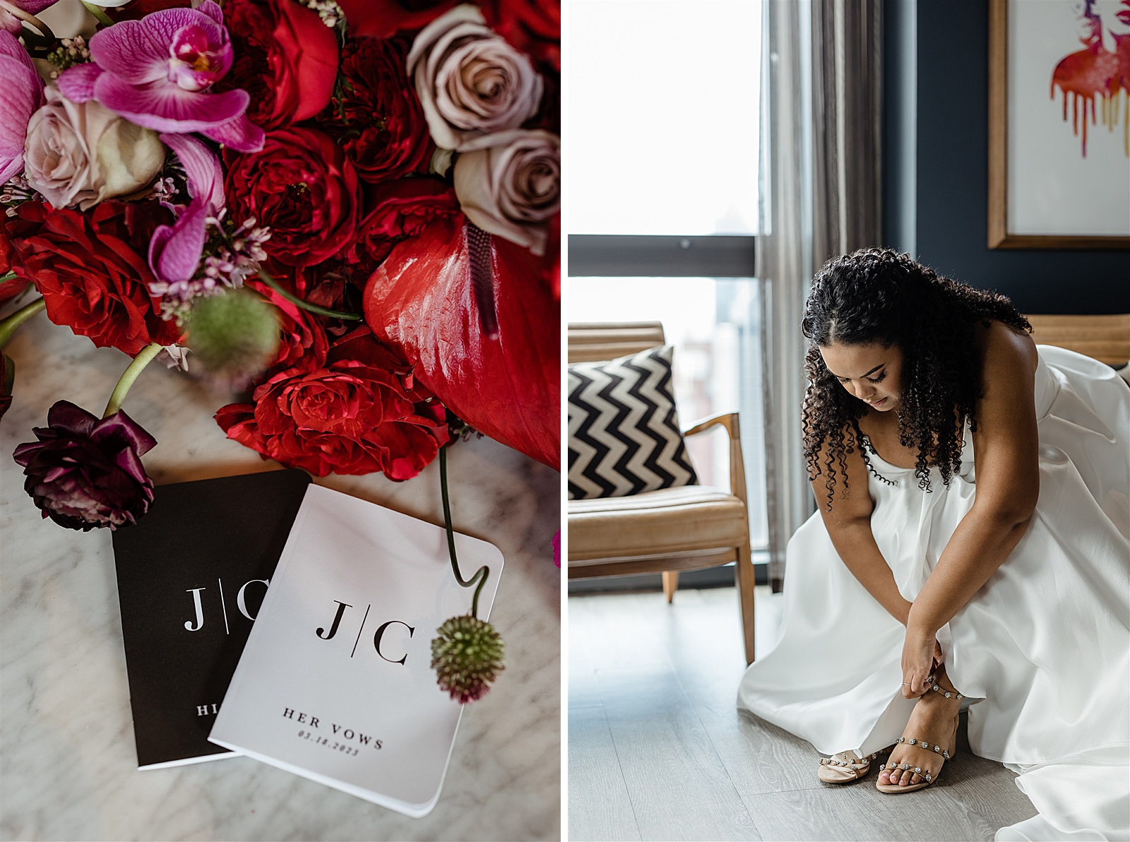 Left photo: Up close shot of the bride and grooms vow books surrounded by a floral arrangement. 
Right photo: Bride in her wedding gown adjusting her shoe straps. 