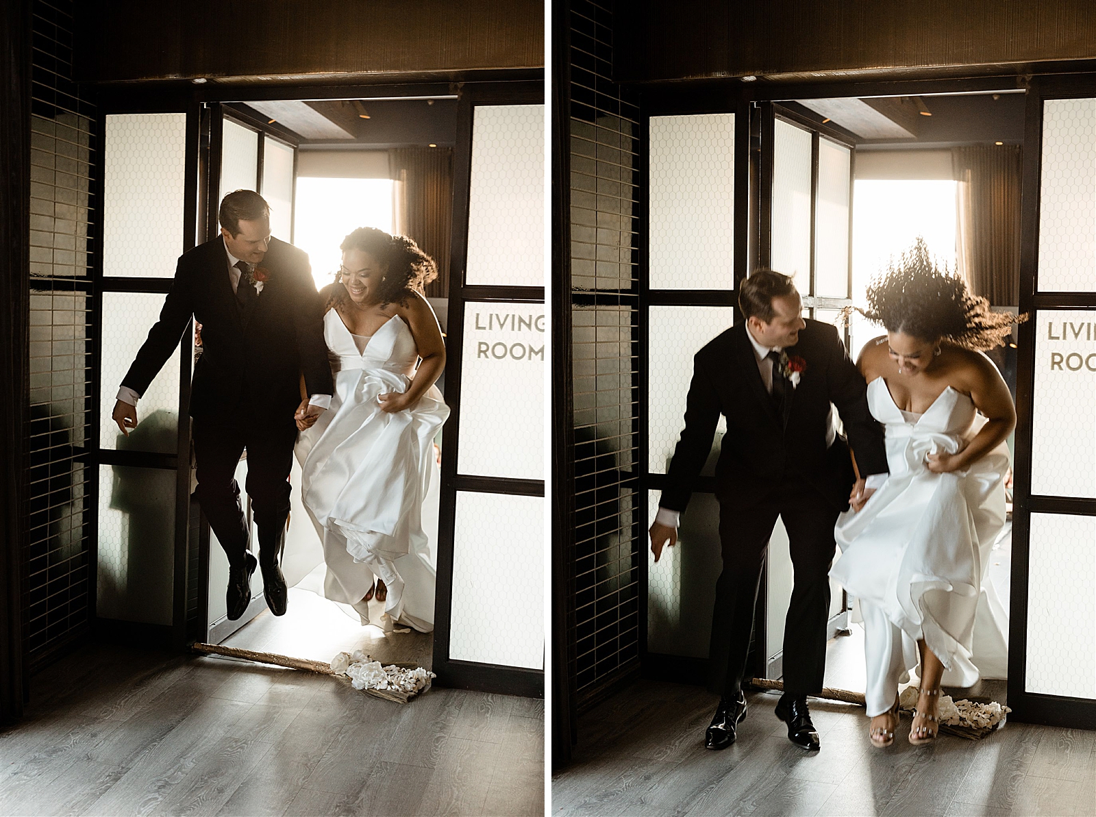 Left photo: Bride and Groom holding hands as they jump over a broom. 
Right photo: Bride and Groom holding hands as they jump over a broom. 