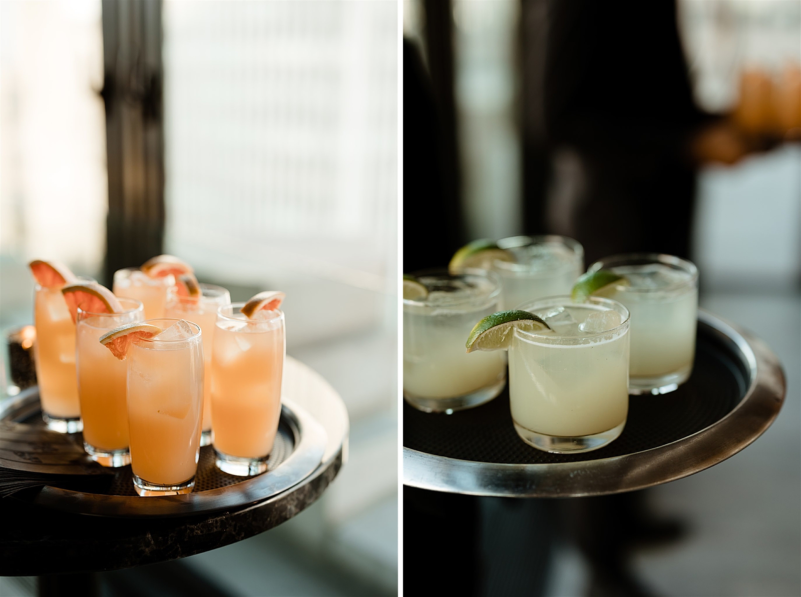 Left photo: Shot of specialty cocktails on a tray.
Right photo: Shot of specialty cocktails on a tray.