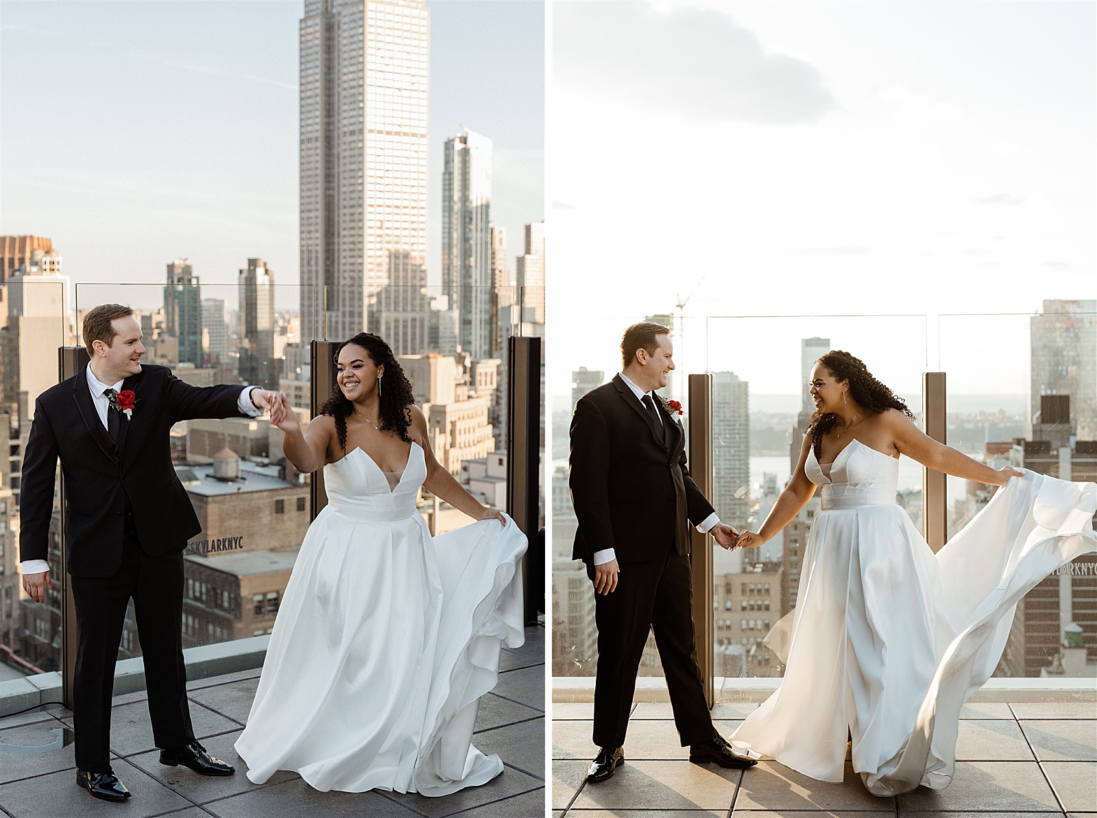Left photo: Bride and Groom dance on the roof of the Skylark.
Right photo: Bride and Groom are all smiles as they hold hands on top of the Skylark.