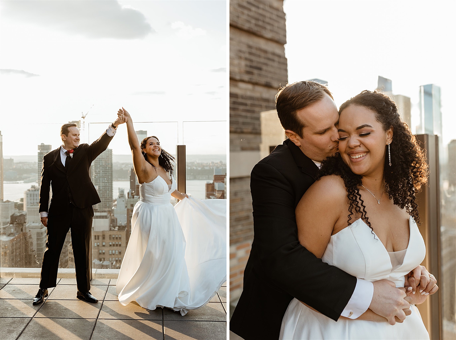 Left photo: Shot of the Groom twirling the Bride on top of the Skylark. 
Right photo: Groom embracing Bride on top of the Skylark. 