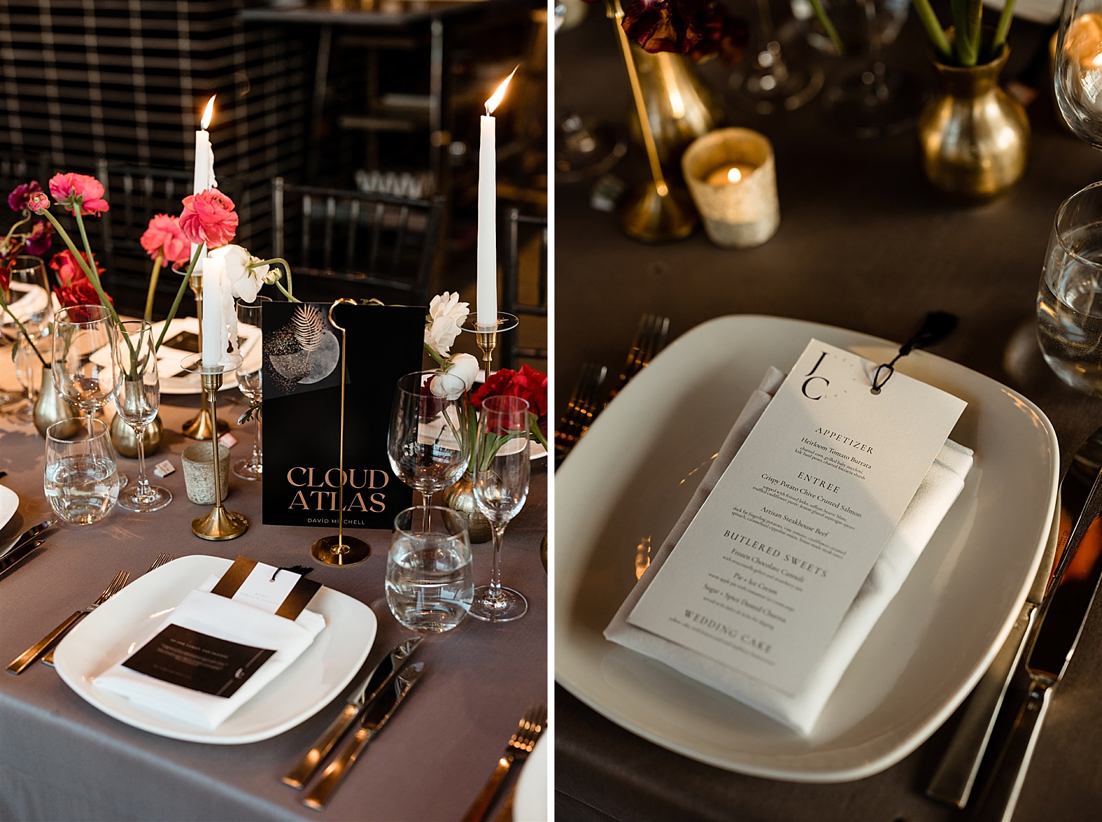 Left photo: Shot of a place setting on the reception table.
Right photo: Shot of the dinner menu resting on top of a place setting. 