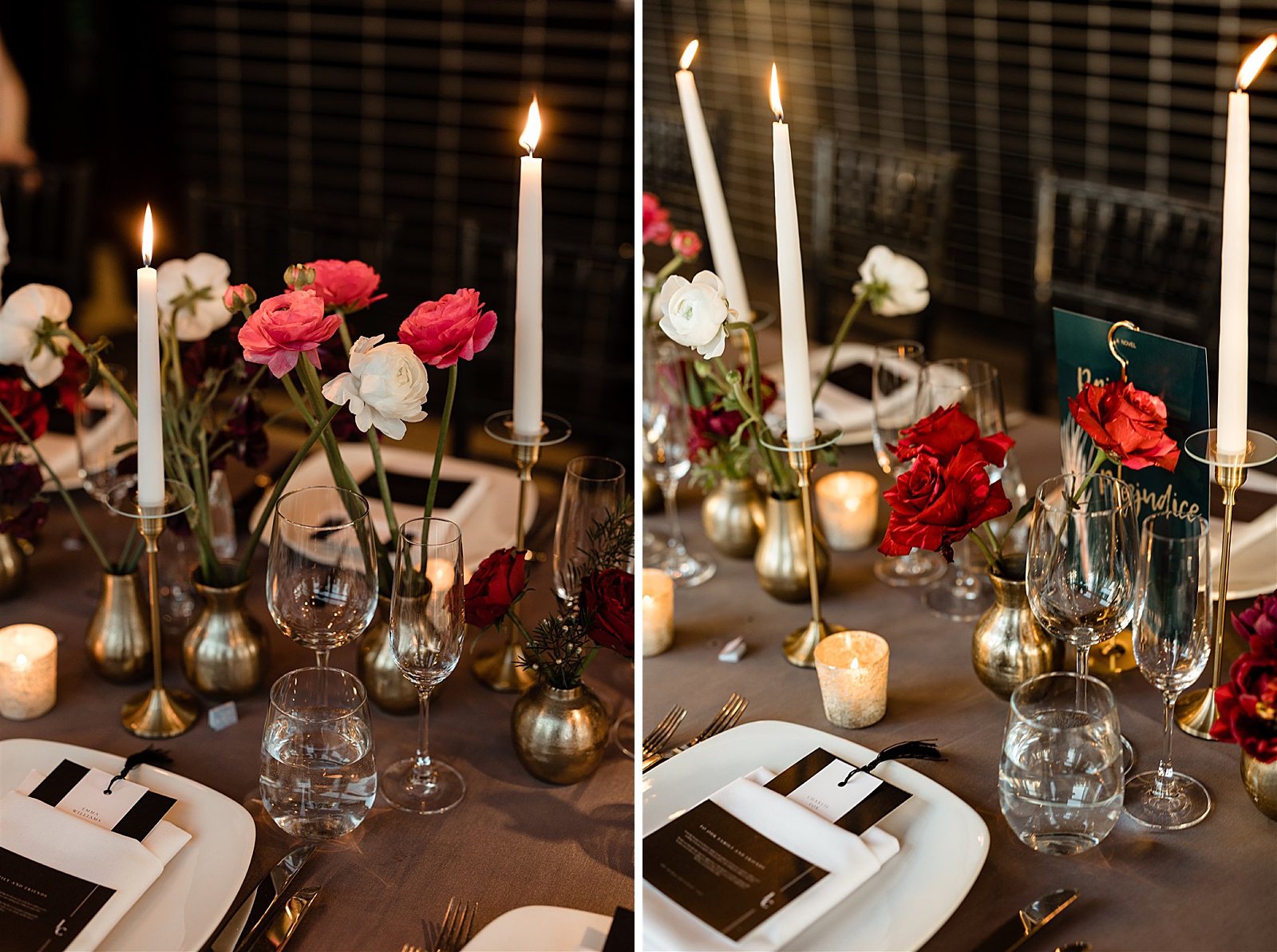 Left photo: Shot of the candles and flowers on the reception table.
Right photo: Shot of the candles and flowers on the reception table. 