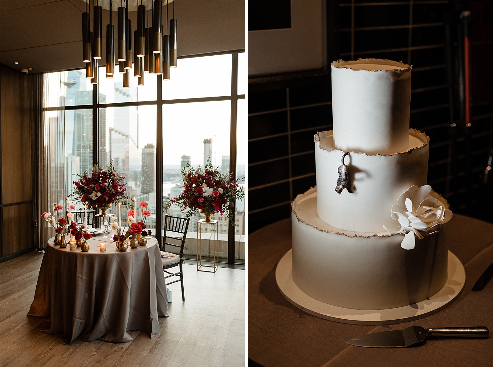 Left photo: Shot of the Bride and Groom's sweetheart table. 
Right photo: Shot of the three-tiered wedding cake. 