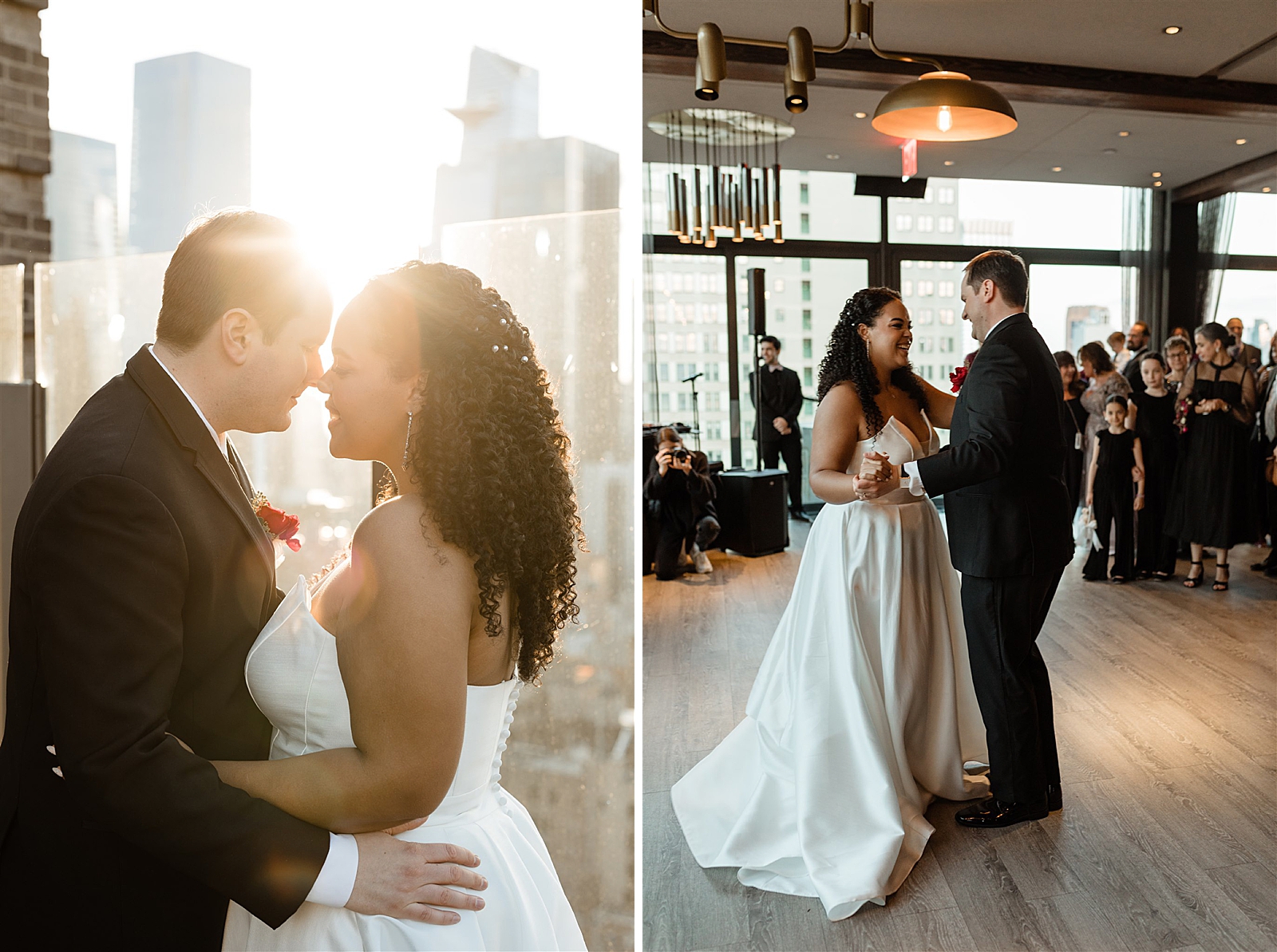 Left photo: Bride and Groom embrace outside during golden hour.
Right photo: Bride and Groom share a first dance.