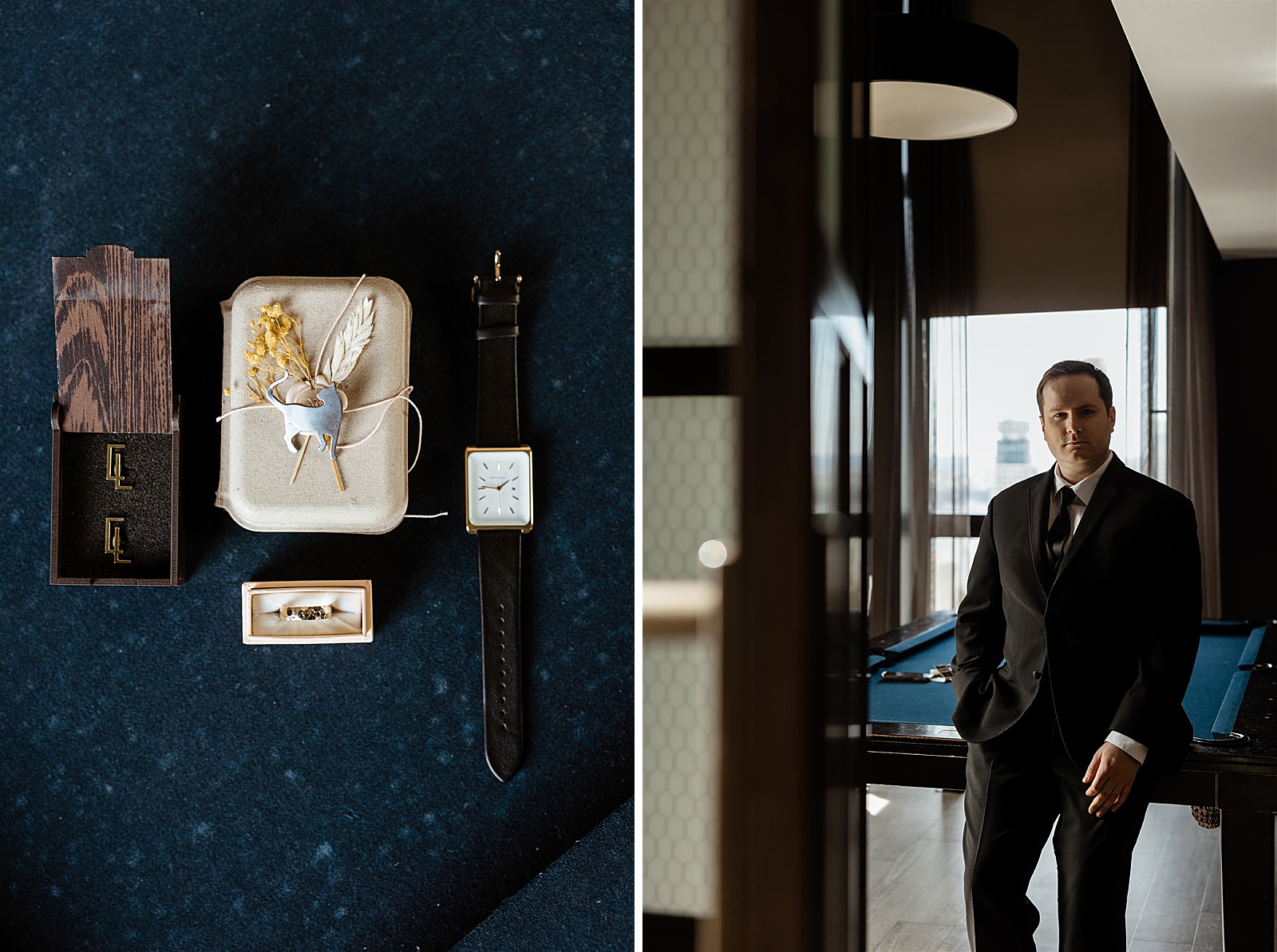 Left photo: Close up shot of the groom's details, including a watch, cufflinks, ring, and boutonniere. 
Right photo: Shot of groom in his suit as he leans against a pool table. 