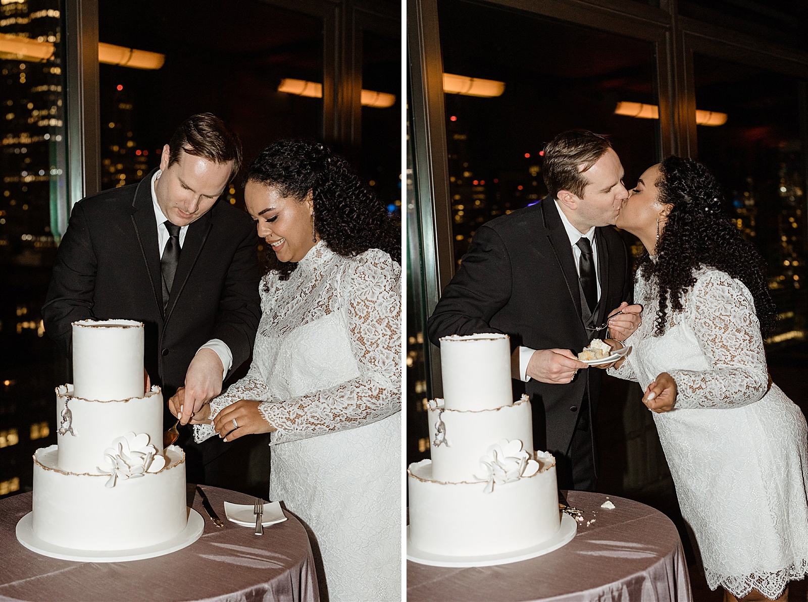 Left photo: Shot of Bride and Groom cutting their wedding cake. 
Right photo: Bride and Groom share a kiss behind their wedding cake. 