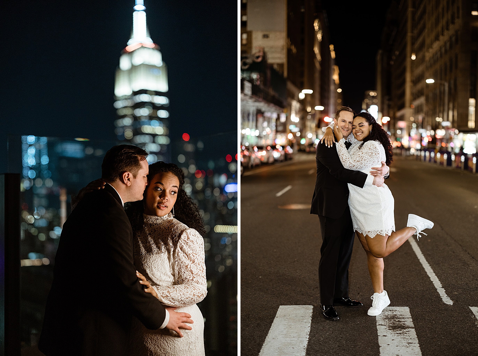 Left photo: Bride and Groom embracing in front of a NYC nighttime skyline.
Right photo: Bride and Groom embracing in the middle of a New York City Street. 