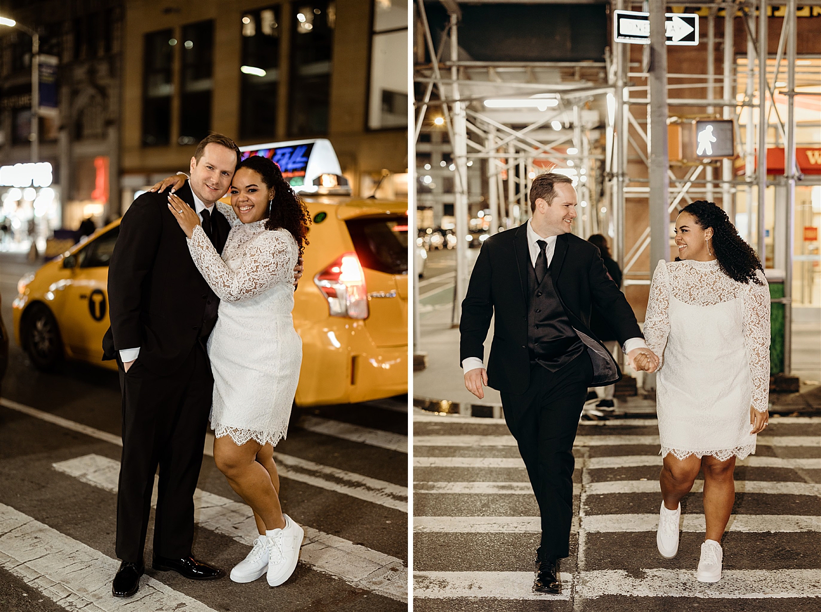 Left photo: Shot of the Bride and Groom embracing in front of a New York City cab. 
Right photo: Bride and Groom smile at each other as they cross the street hand in hand. 