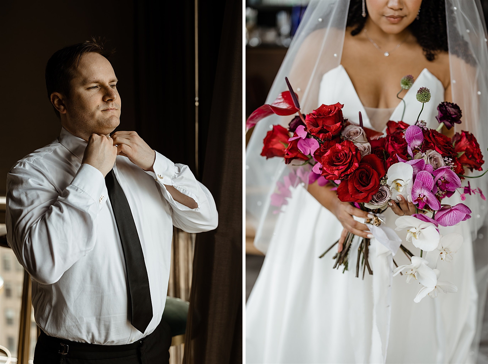 Left photo: Shot of the groom adjusting his tie.
Right photo: Shot of the bride in her wedding gown while holding her bouquet. 