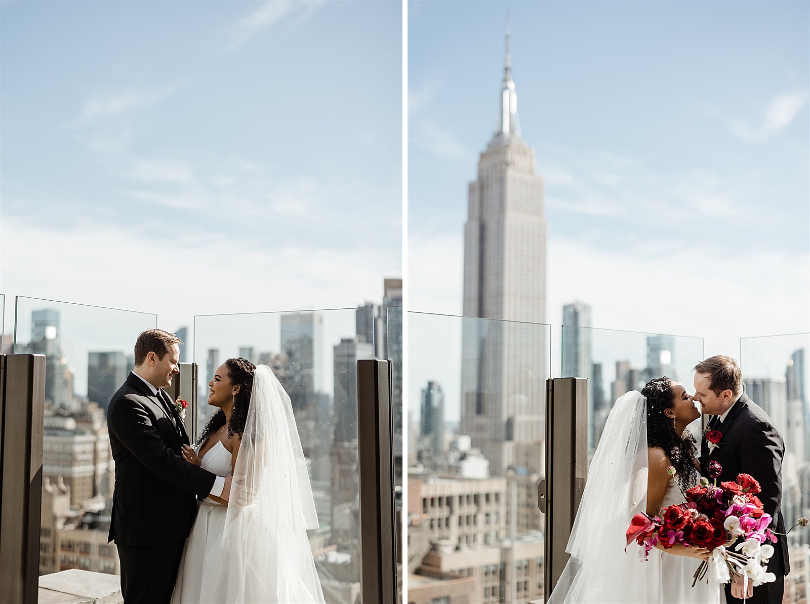 Left photo: Bride and Groom are all smiles as they embrace on top of the Skylark.
Right photo: Bride and Groom lean in for a kiss on top of the Skylark as the Empire State Building stuns in the background.