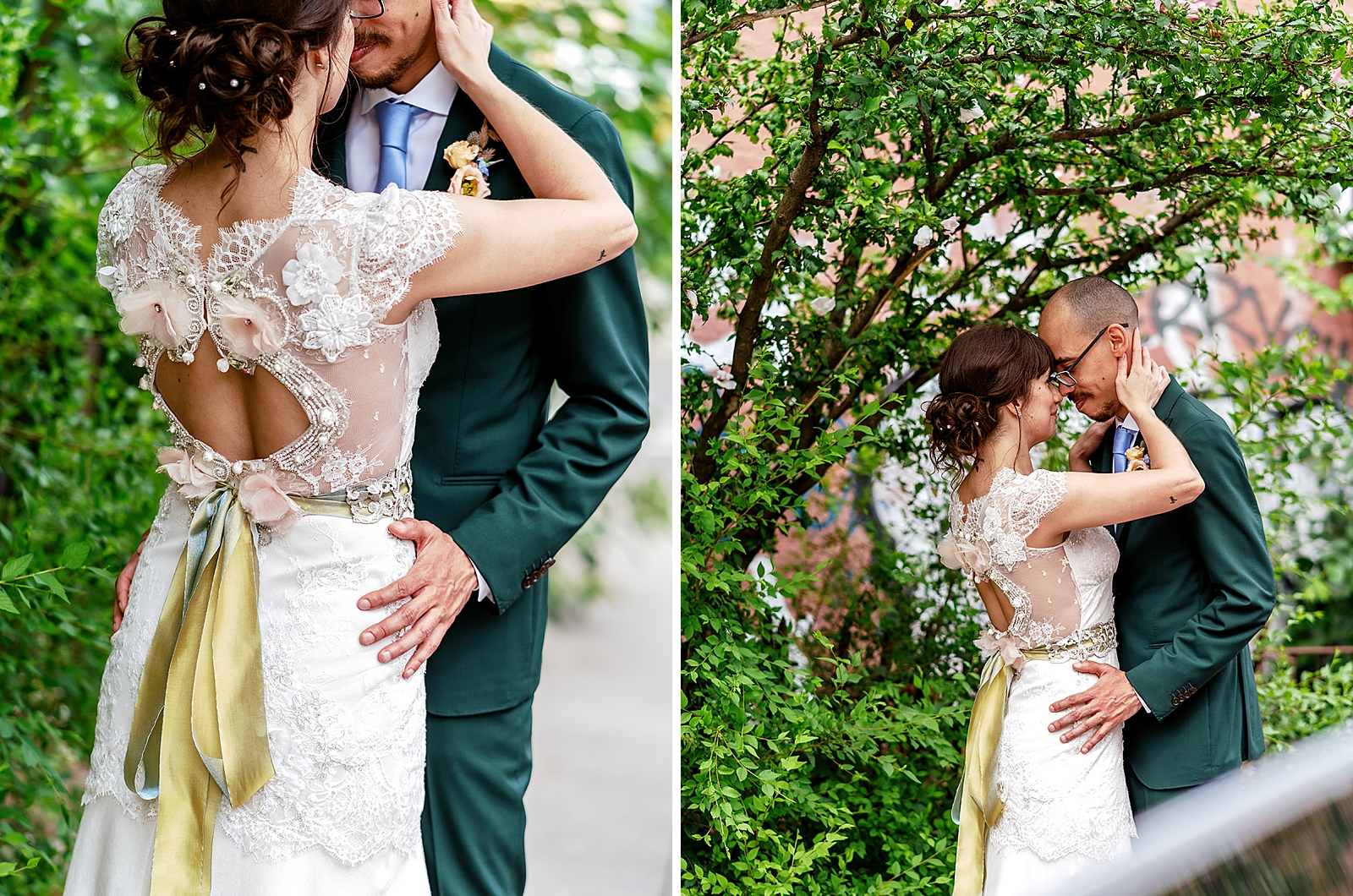 Left photo: Shot of the bride and groom embracing. 
Right photo: Shot of the bride and groom embracing. 