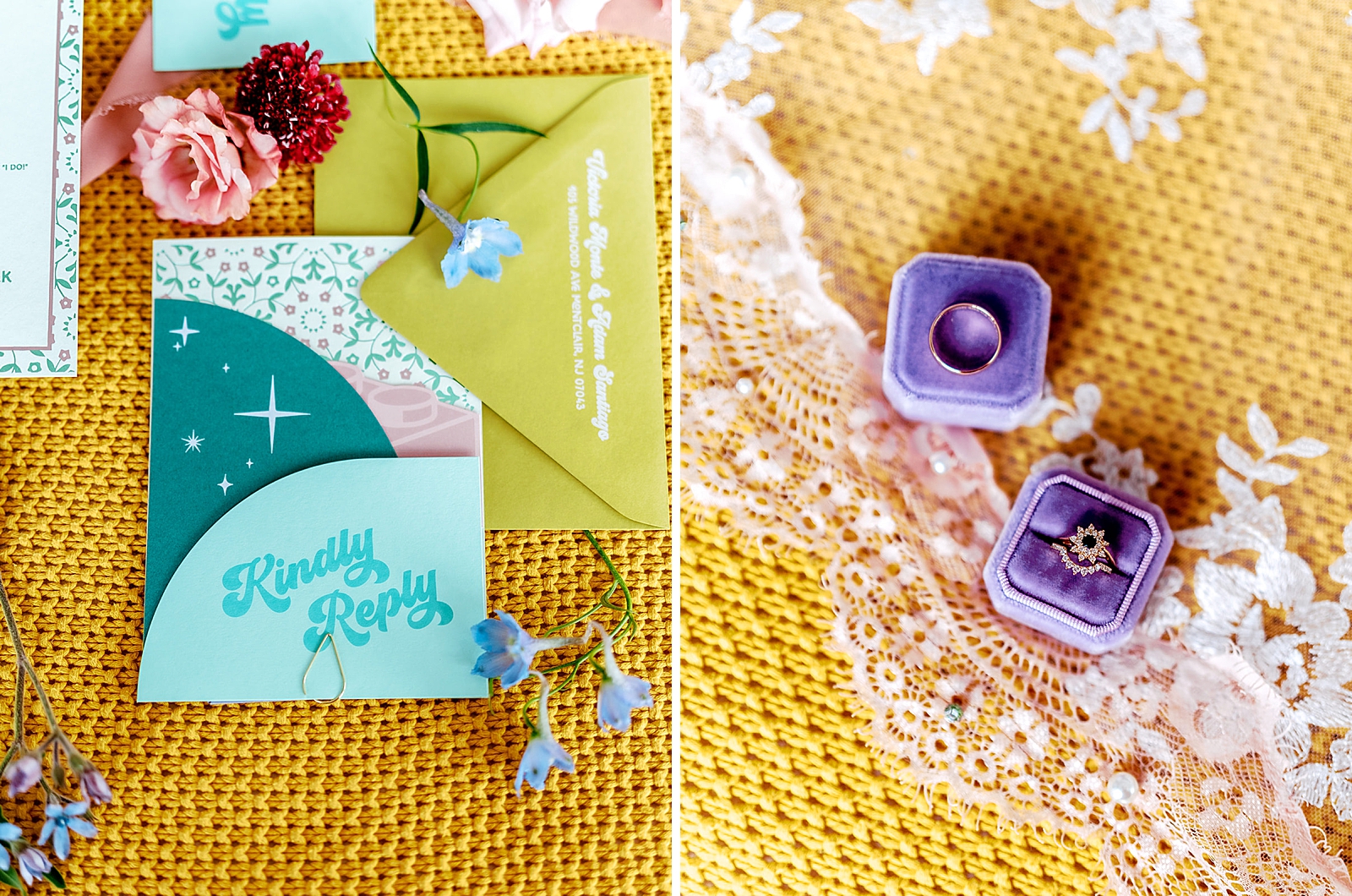 Left photo: Up close shot of the wedding invitations.
Right photo: Up close shot of the rings and ring box.