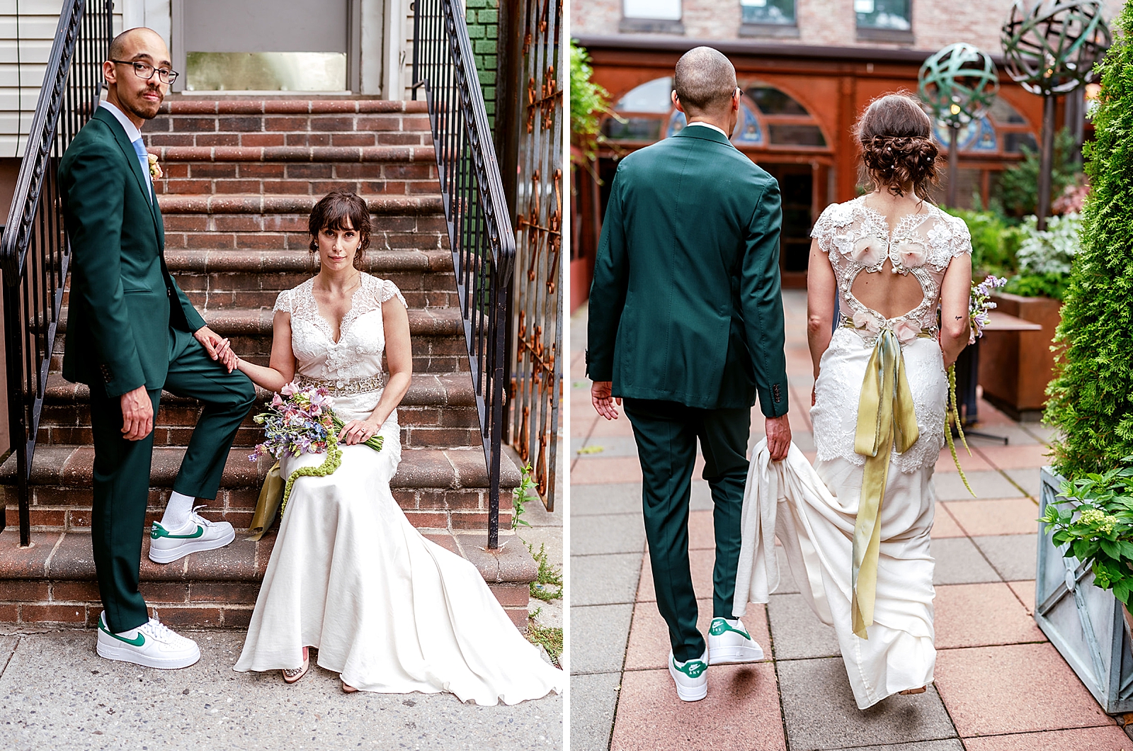 Left photo: Full body shot of the bride and groom holding hands as they pose on a stoop. 
Right photo: Back shot of the groom holding the bride's train as they walk. 