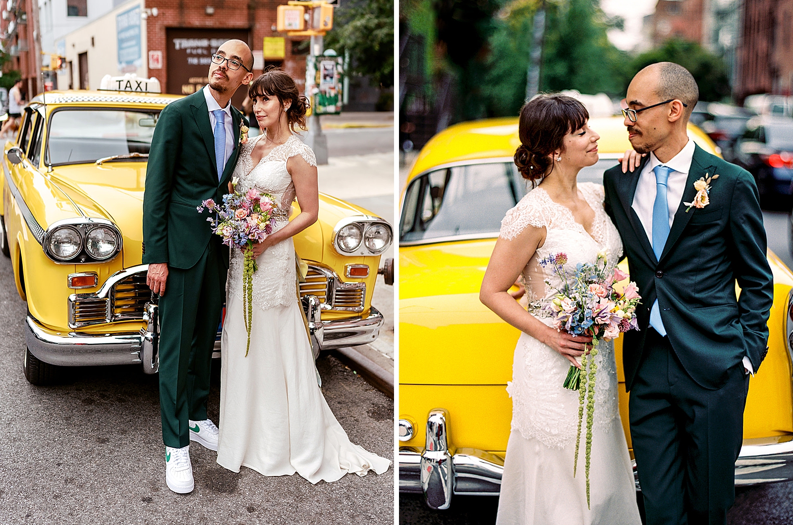 Left photo: Full body shot of the bride and groom standing in front of an old taxicab as they stare off into the distance.
Right photo: Shot of the bride and groom smiling at each other as they stand in front of an old taxicab. 