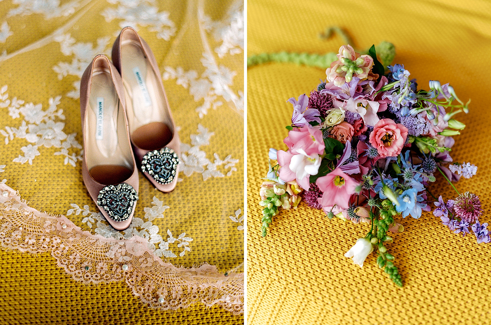 Left photo: Up close shot of the bride's shoes.
Right photo: Up close shot of the bride's bouquet. 