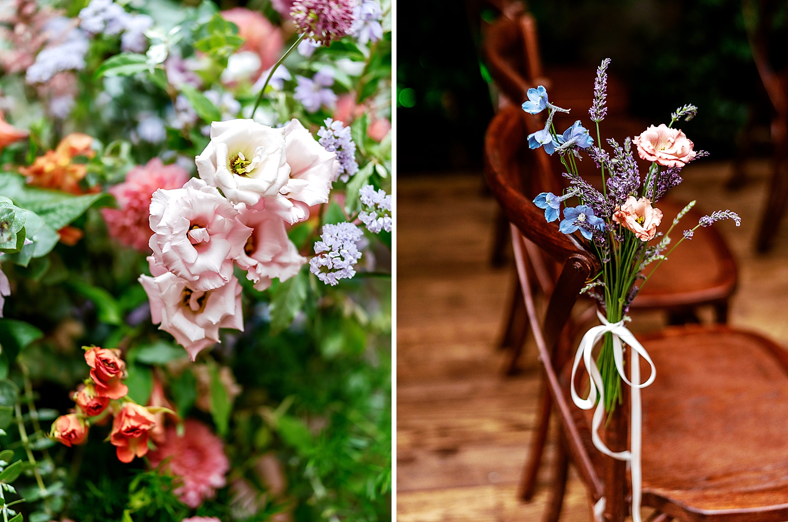 Left photo: Up close shot of the florals included in the altar arch. 
Right photo: Up close shot of the flowers fixed to the aisle chairs.