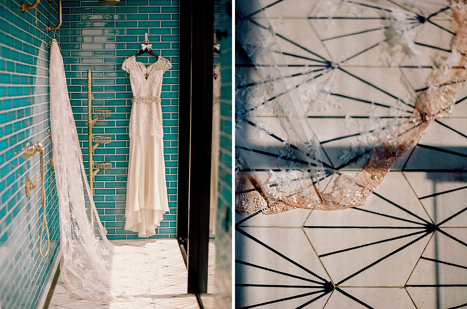 Left photo: Full shot of the bride's wedding gown. 
Right photo: Up close shot of the bride's veil. 