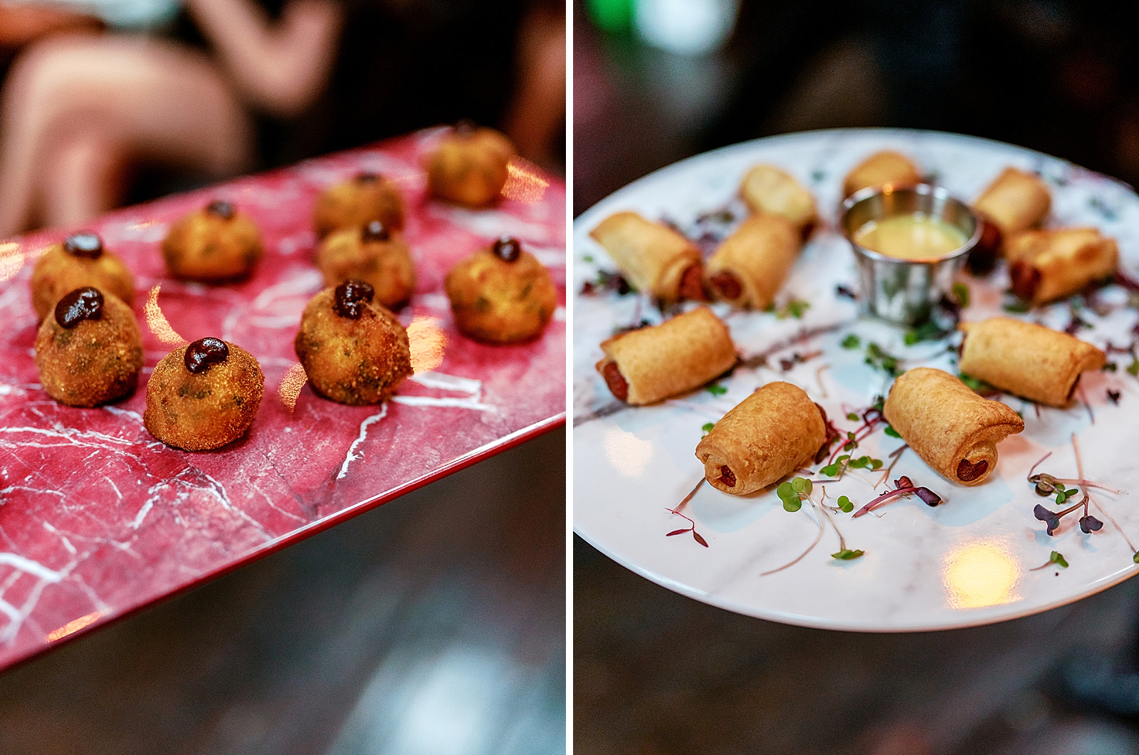 Left photo: Up close shot of hors d'oeuvres being presented on a tray. 
Right photo: Up close shot of pigs in a blanket being presented on a tray.  