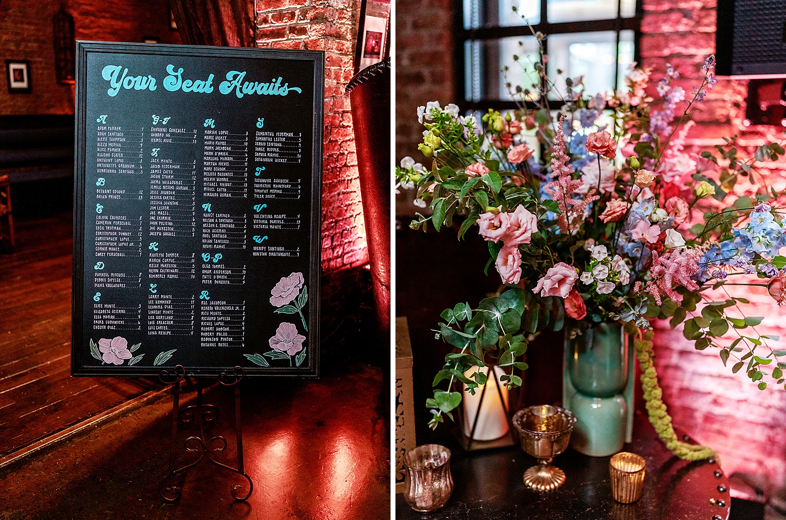 Left photo: Shot of the seating chart. 
Right photo: Up close shot of a floral arrangement. 