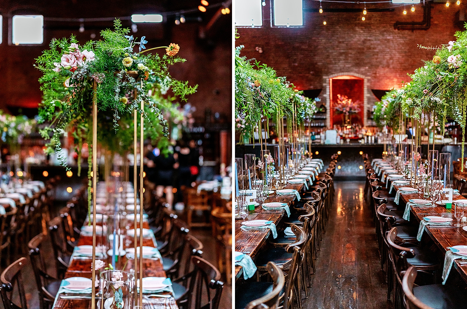 Left photo: Close up shot of the florals and greenery on the reception tables. 
Right photo: Close up shot of the florals and greenery on the reception tables. 
