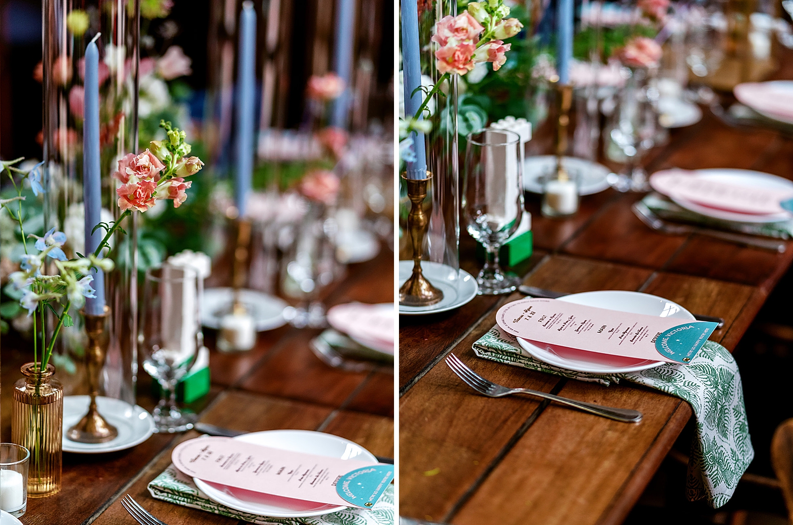 Left photo: Close up shot of the details on the reception tables, including menus, place settings, and flower arrangements.
Right photo: Close up shot of the details on the reception tables, including menus, place settings, and flower arrangements.