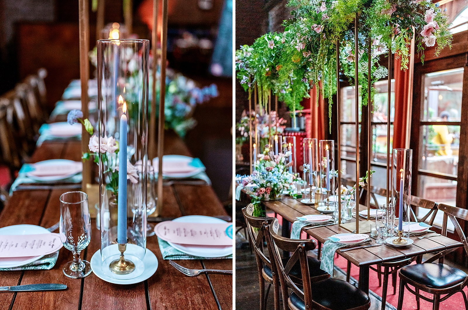 Left photo: Close up shot of the reception table details.
Right photo: Shot of the reception table and florals. 