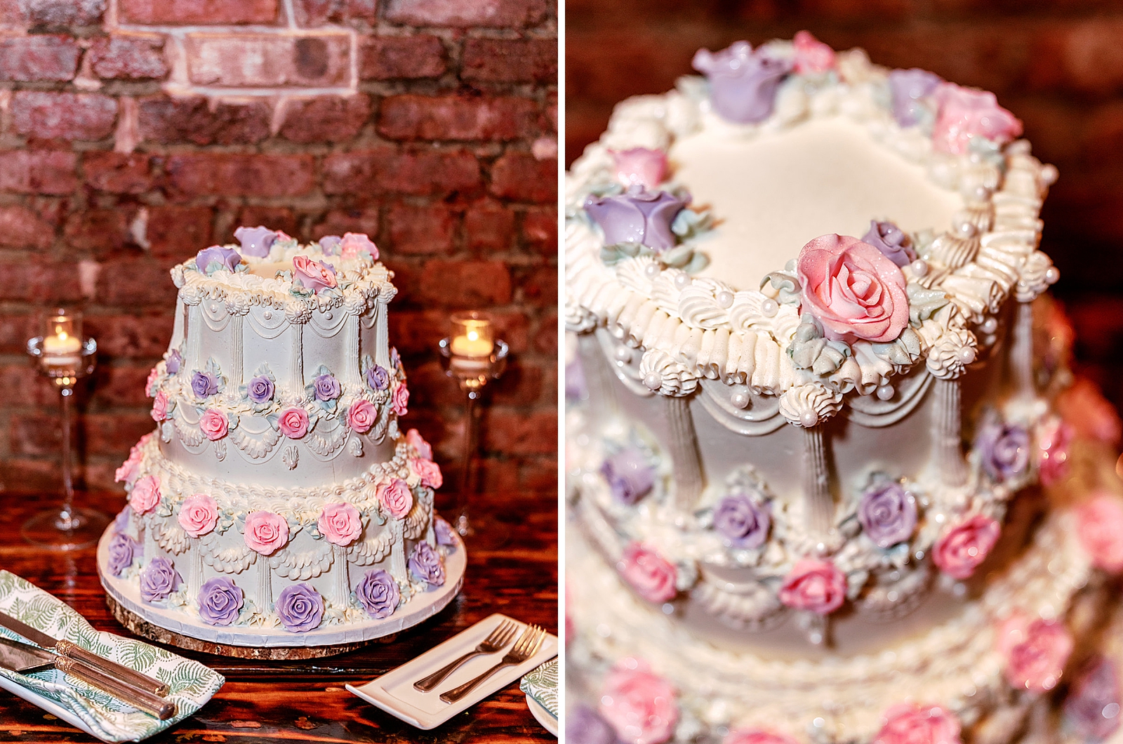Left photo: Full shot of the white, pink and purple wedding cake. 
Right photo: Close up shot of the white, pink and purple wedding cake.