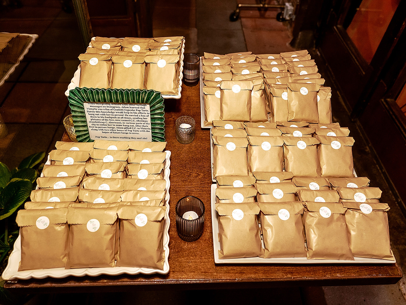 Shot of the bride and groom's custom pop tart favors presented for guests. 