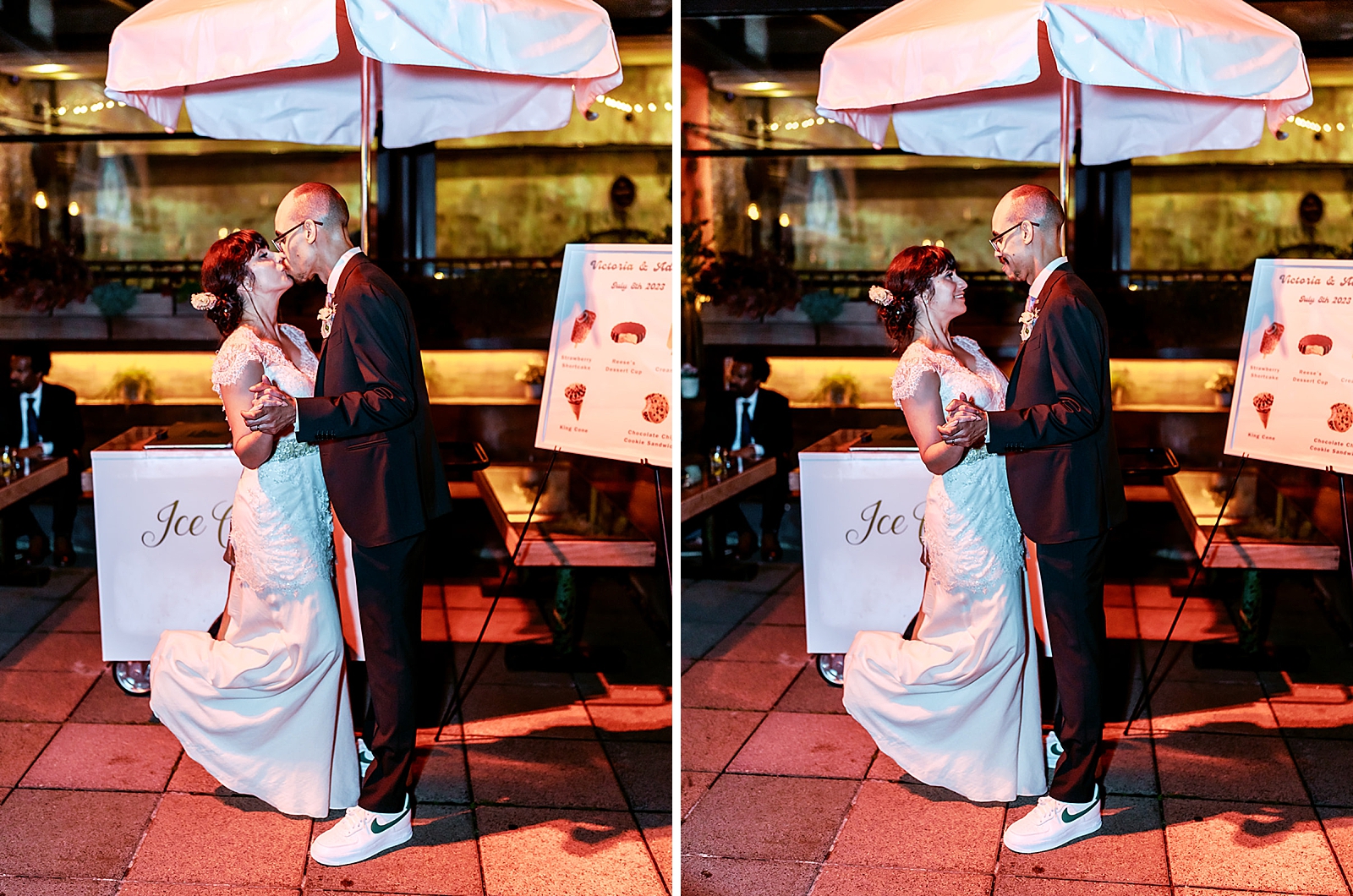 Left photo: Shot of the couple sharing a kiss in front of an ice cream cart. 
Right photo: Shot of the couple smiling at each other in front of an ice cream cart. 
