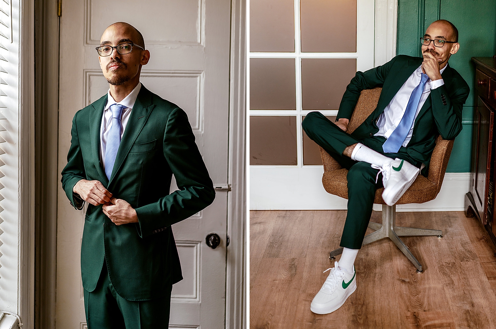 Left photo: Upper body shot of the groom buttoning his suit jacket.
Right photo: Full body shot of the groom posing in a chair. 