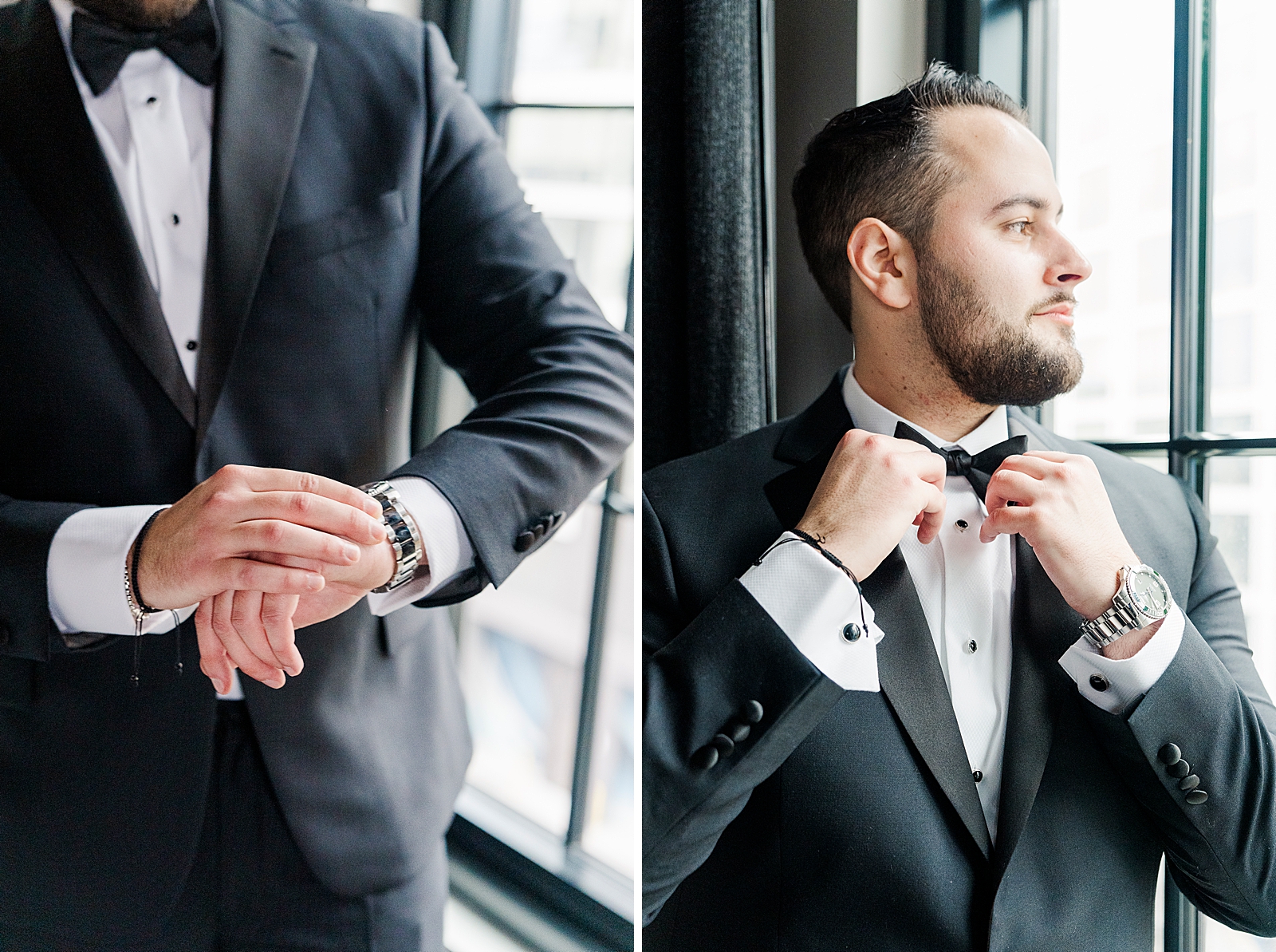Left photo: Close up shot of the groom adjusting his watch. 
Right photo: Close up shot of the groom adjusting his bow tie. 