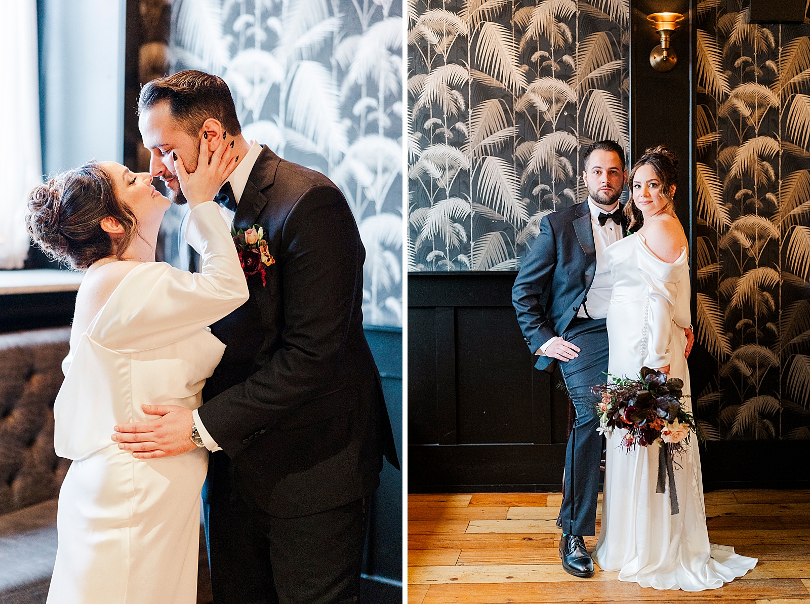 Left photo: Upper body shot of the couple sharing a kiss. 
Right photo: Full body shot of the bride and groom posing for the camera.