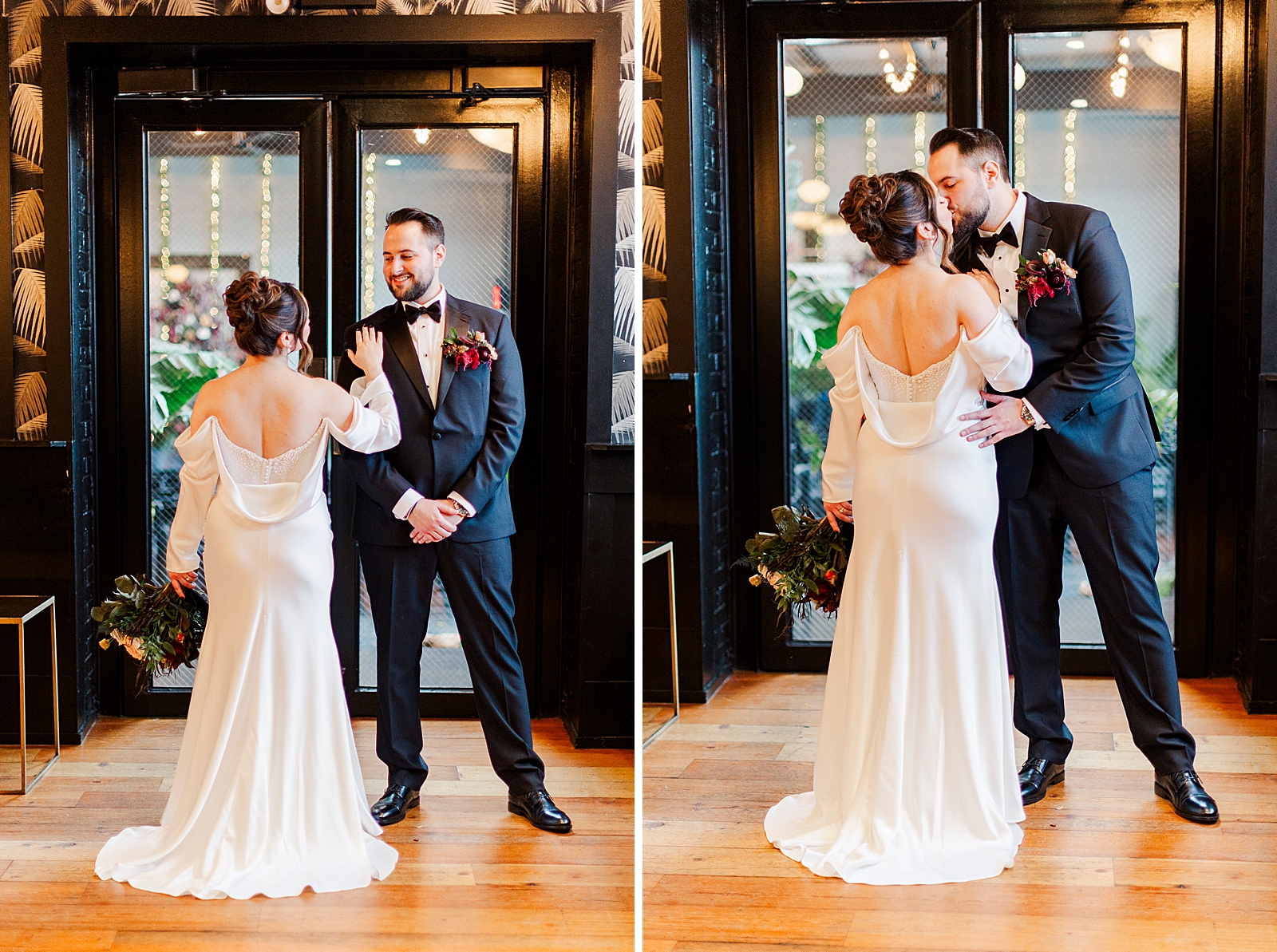 Left photo: Full body shot of the groom smiling at the bride. 
Right photo: Full body shot of the bride and groom sharing a kiss. 