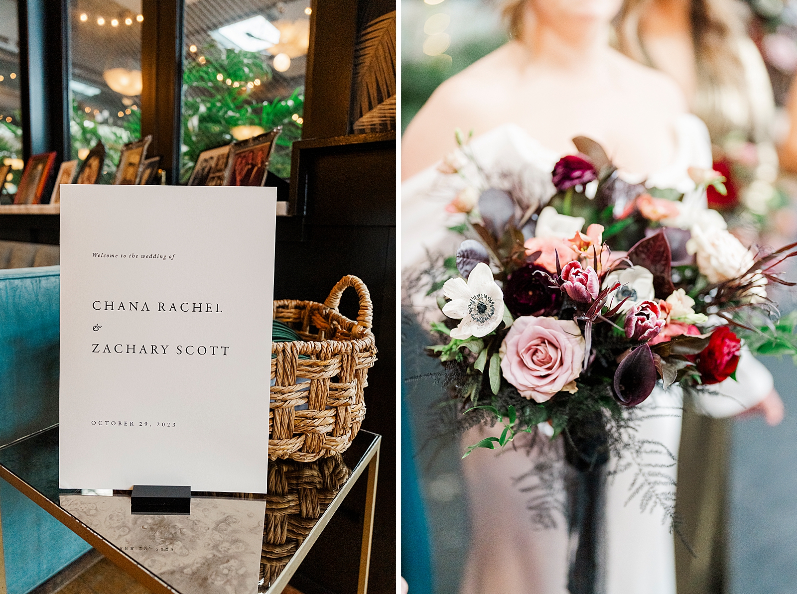 Left photo: Shot of a welcome sign featuring the couple's names and wedding date. 
Right photo: Close up shot of the bride's bouquet. 