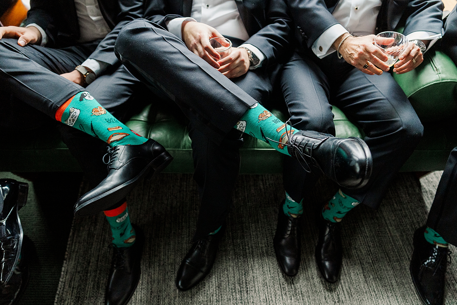 Close up shot of the groom and groomsmen's quirky socks.  