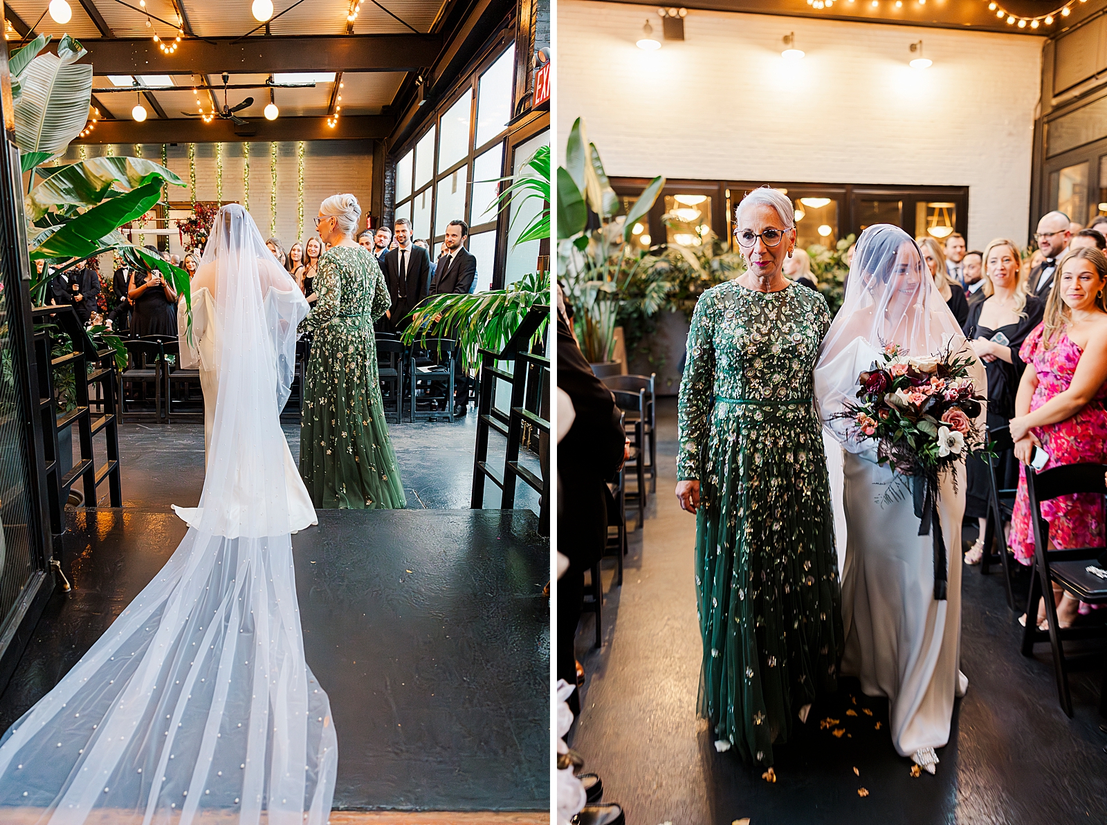 Left photo: Photo of the bride and her mother walking down the aisle. Shot from behind. 
Right photo: Full body shot of the bride's mother walking the bride down the aisle. 