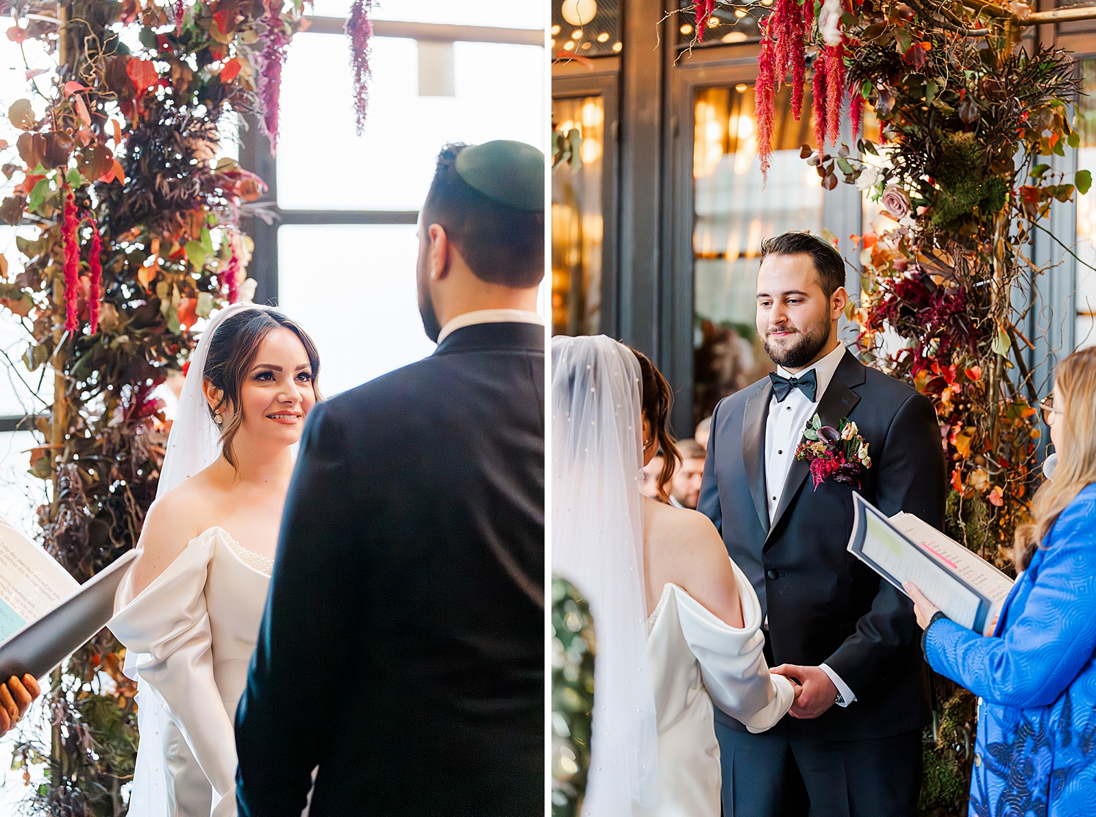 Left photo: Shot of the bride smiling at the groom as they stand beneath the chuppah. 
Right photo: Shot of the groom smiling at the bride as they stand beneath the chuppah. 