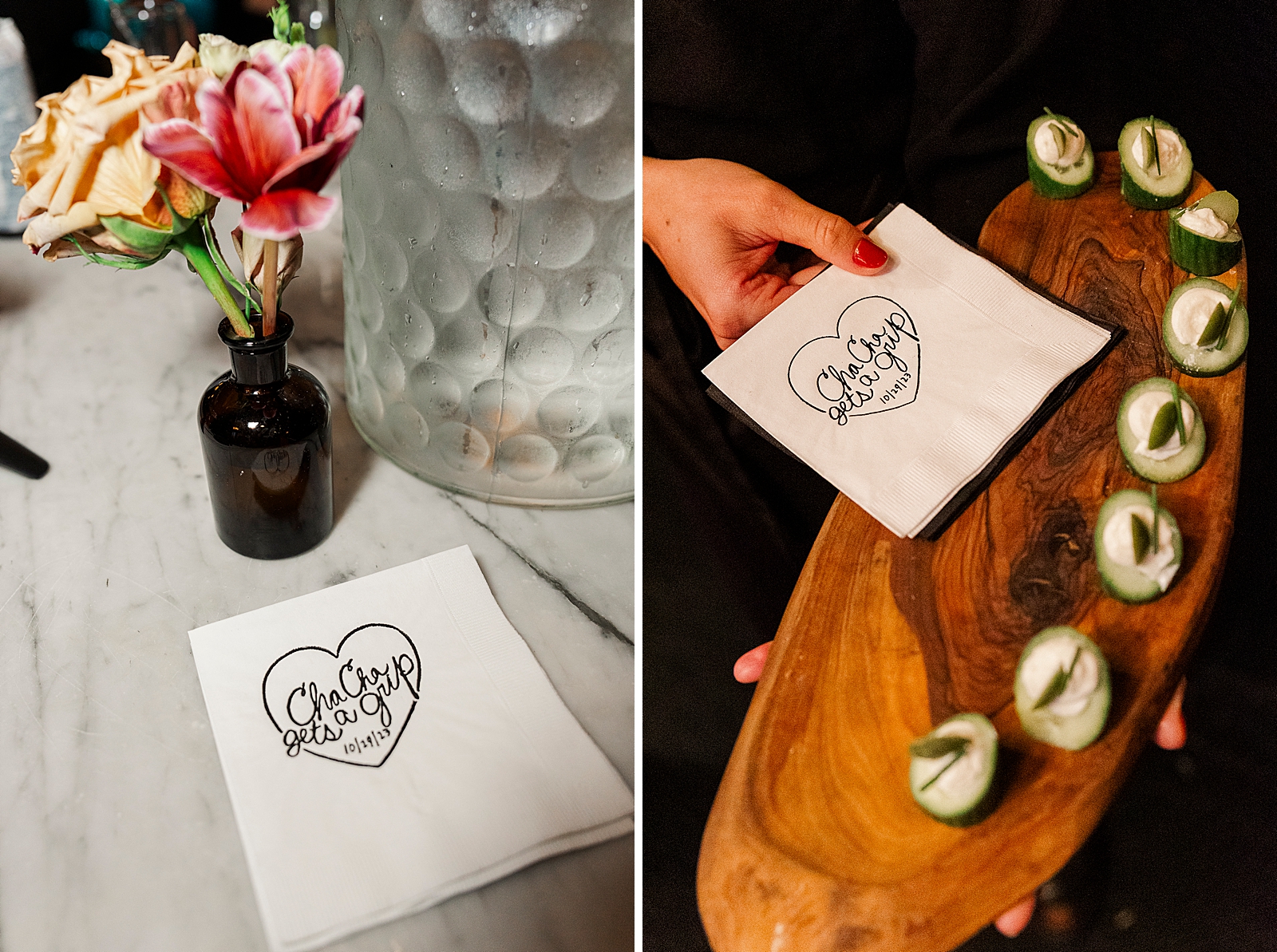 Left photo: Shot of the couple's custom cocktail napkins which say, "Cha Cha gets a grip." 
Right photo: Shot of a custom cocktail napkin being presented with hors d'oeuvres. 