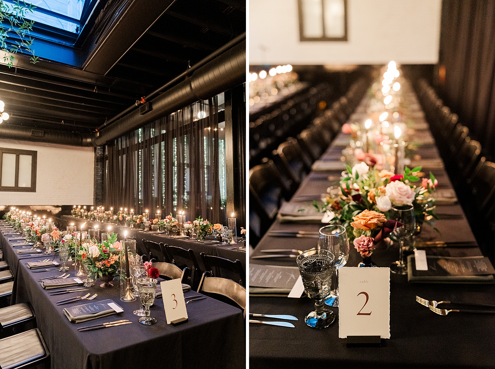 Left photo: Shot of two of the fully set reception tables.
Right photo: Shot of a fully set reception table. 