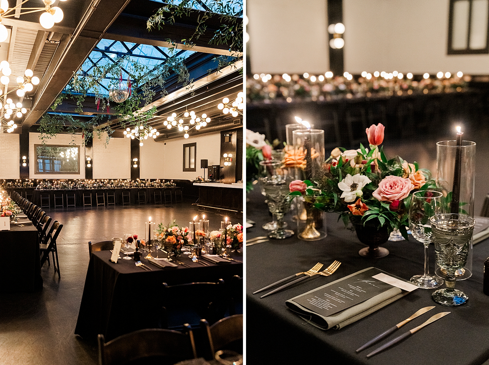 Left photo: Shot of the reception space.
Right photo: Close up shot of the place settings on the reception tables. 