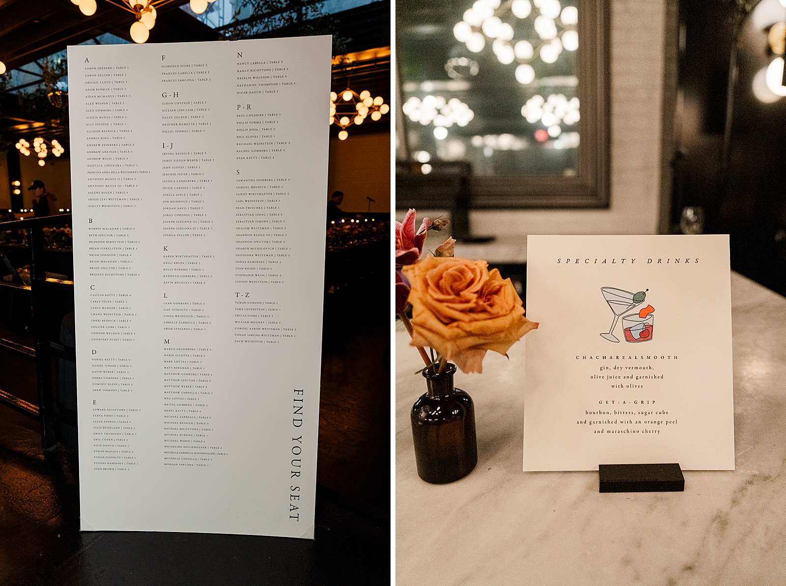 Left photo: Full shot of the seating chart.
Right photo: Close up shot of the couple's custom cocktail menu. 