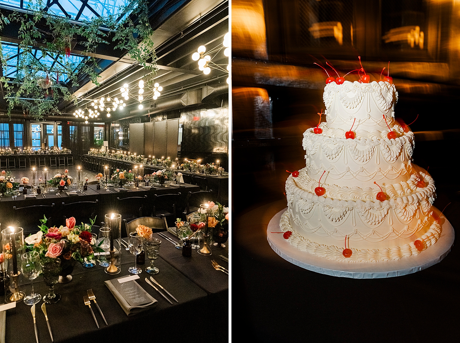 Left photo: Shot of the fully decorated reception space. 
Right photo: Close up shot of the couple's three-tiered, white wedding cake with cherry embellishments. 