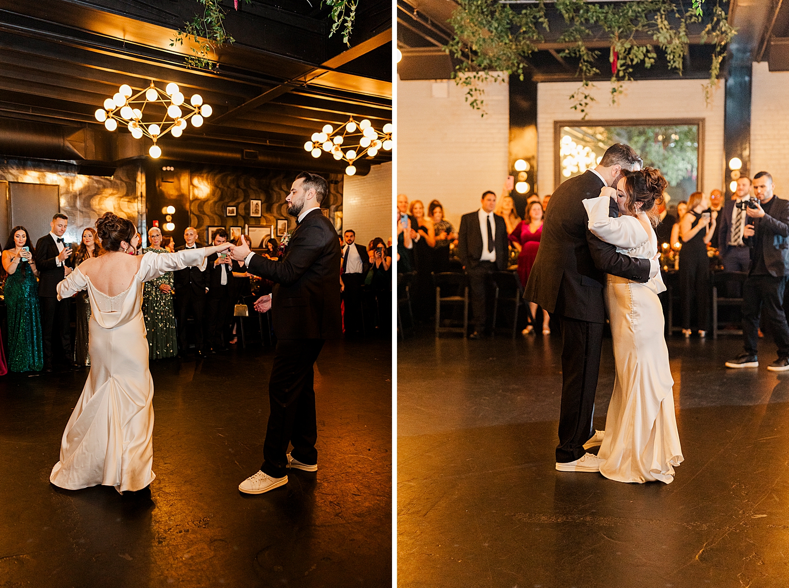 Left photo: Full body shot of the couple enjoying their first dance. 
Right photo: Full body shot of the couple sharing an embrace during their first dance. 