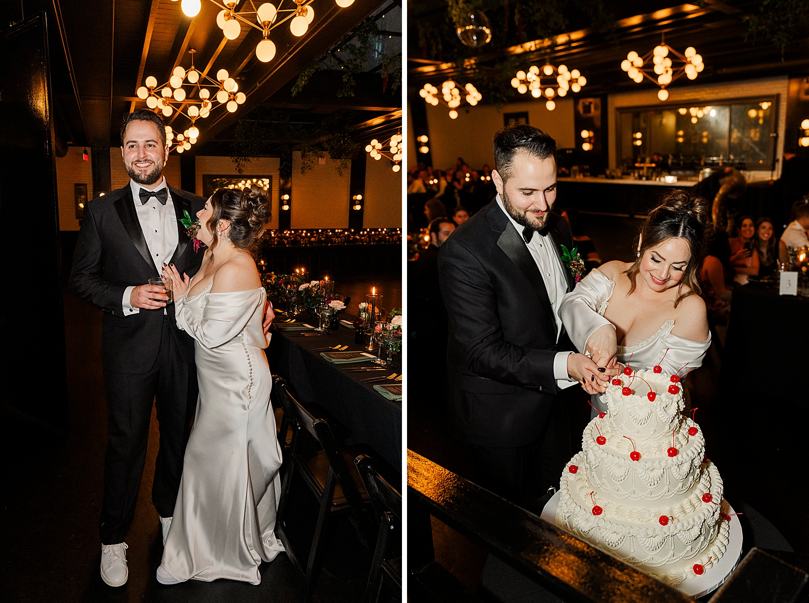 Left photo: Shot of the Bride and Groom sporting big smiles as they embrace during their reception. 
Right photo: Close up shot of the couple cutting their wedding cake. 