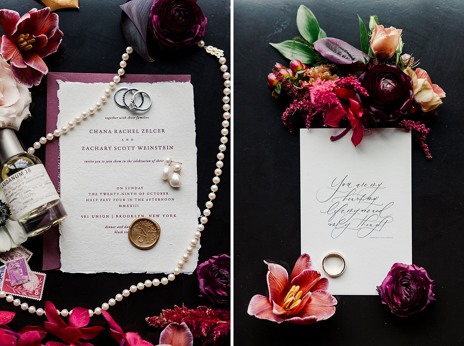 Left photo: Close up shot of wedding details, including jewelry, flowers, and a wedding invitation. 
Right photo: Close up shot of a printed Arthur Conan Doyle quote, as well as flowers and the groom's wedding ring.