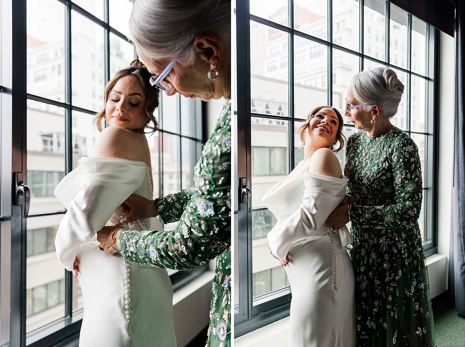 Left photo: Close up shot of the bride's mother buttoning up the bride's dress.
Right photo: Shot of the bride and her mother smiling at each other as the bride's mother does up the bride's wedding dress. 