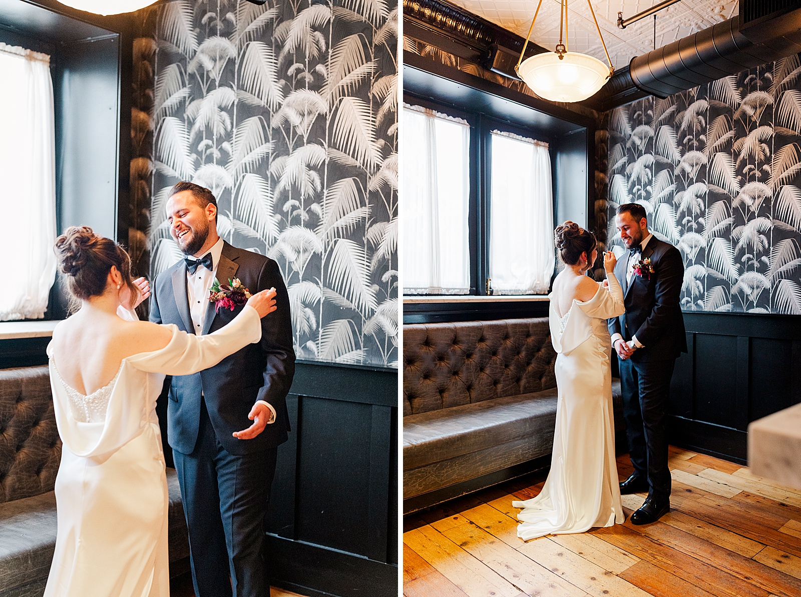 Left photo: Shot of the groom seeing the bride for the first time during their first look.
Right photo: Shot of the bride and groom getting emotional during their first look. 