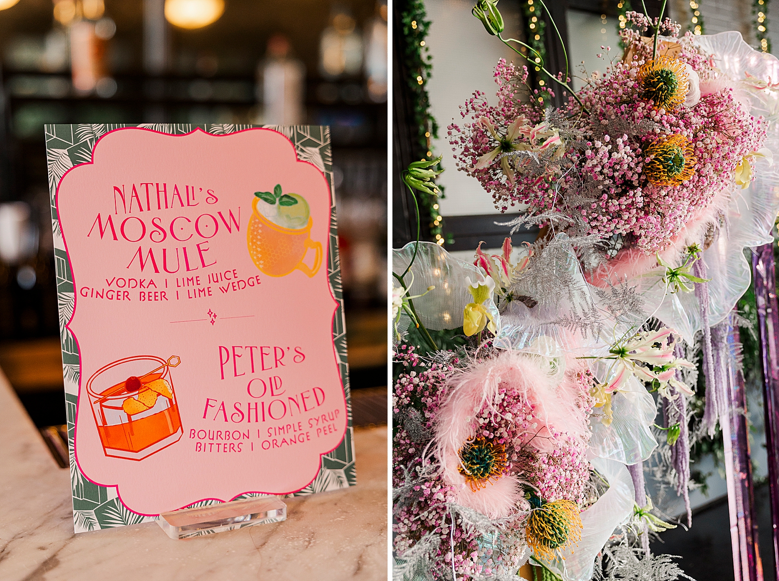 Left photo: Shot of the couple's custom bar menu sign.
Right photo: Close up shot of the florals on the ceremony arch. 
