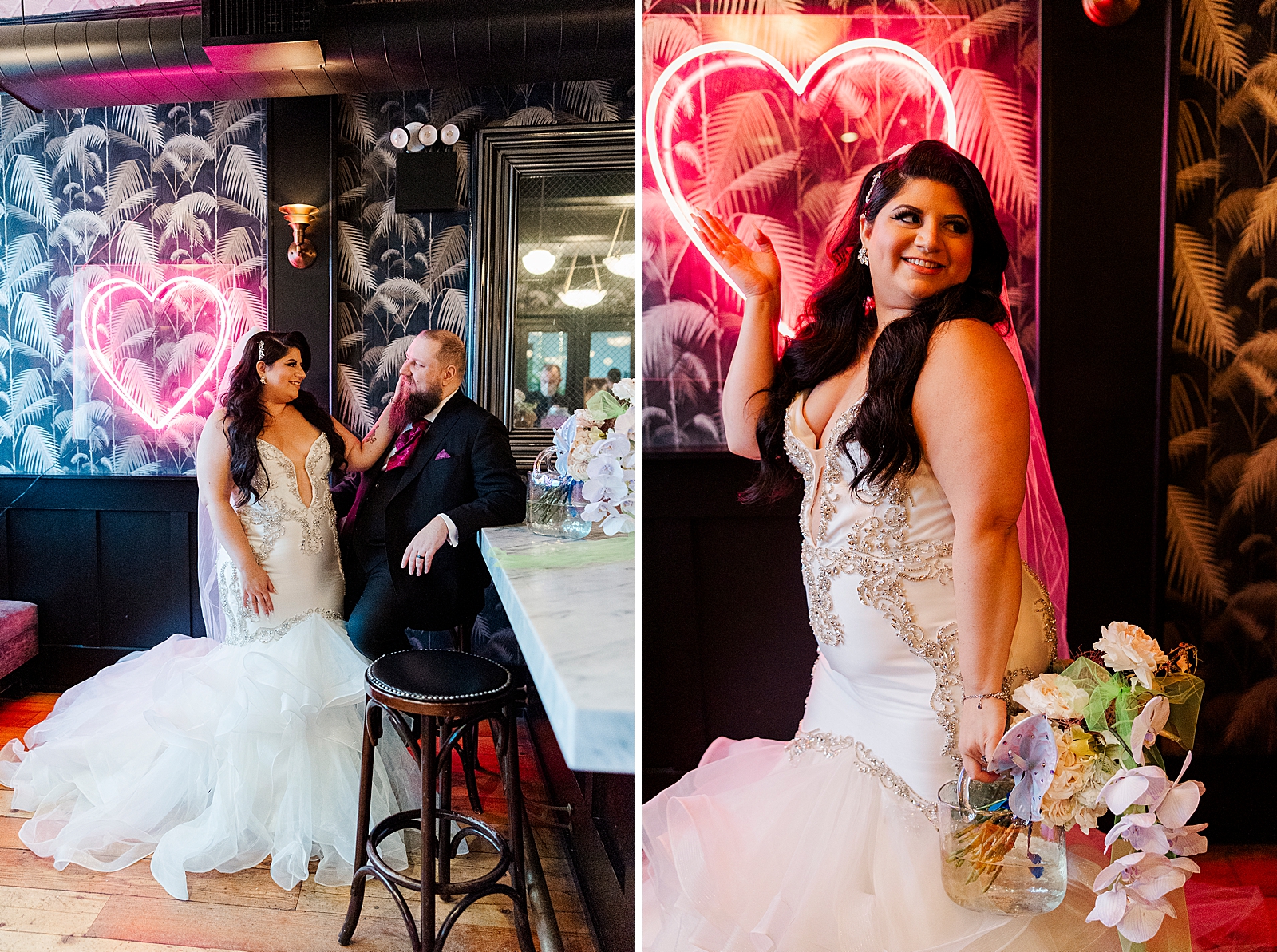 Left photo: Full body shot of the bride and groom smiling at each other as they stand in front of a pink florescent light heart sign.
Right photo: Upper body shot of the bride posing in front of a pink florescent light heart sign.